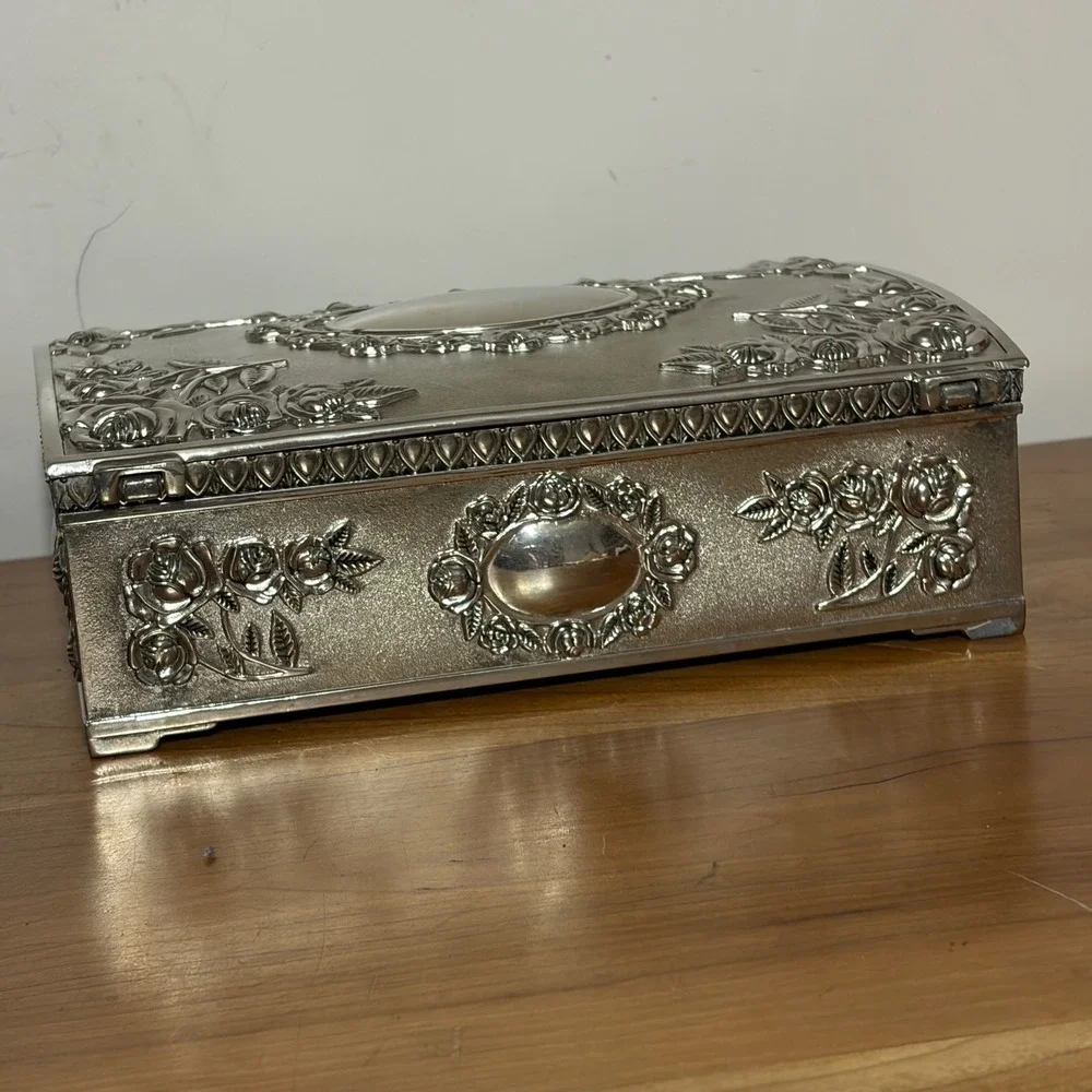 Godinger Silver Plated Ornate Floral Rose Jewelry Box Burgundy Velvet Lining